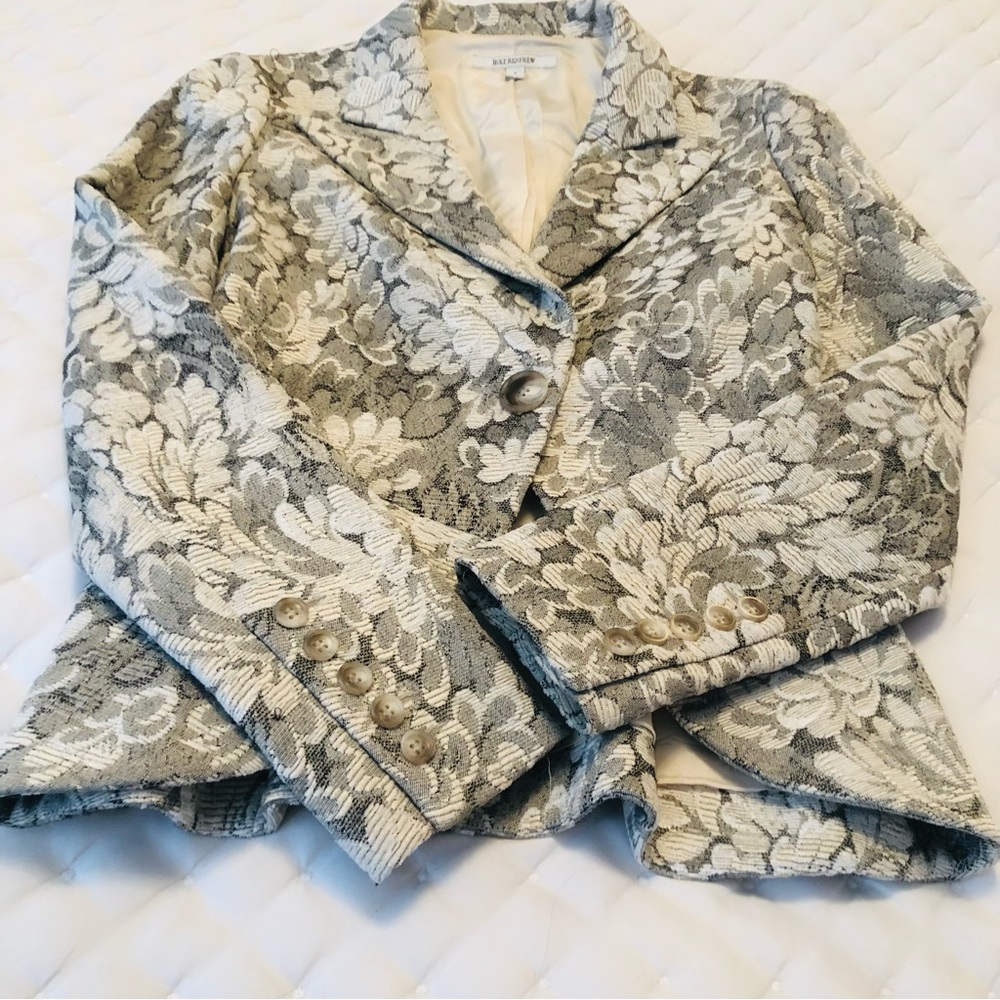 Vintage holt renfrew silver/white floral print collar blazer single button sz 4